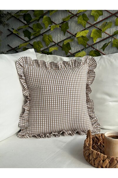 Decamor home Pamuk Keten Bej Mini Pötikare Fırfırlı Kırlent Kılıfı 1 Ad