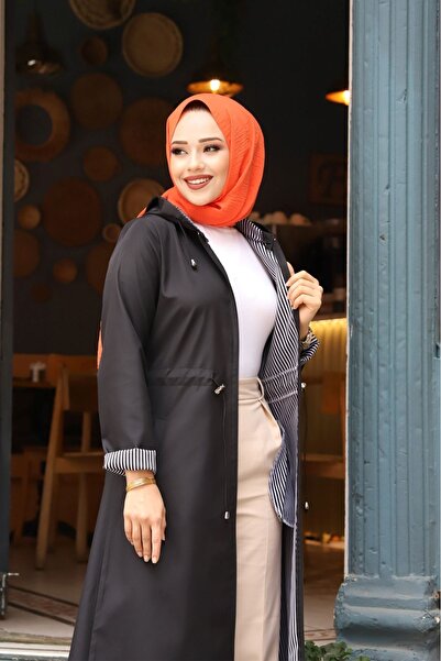 suffemoda Bileği Çizgili Kapüşonlu Trençkot