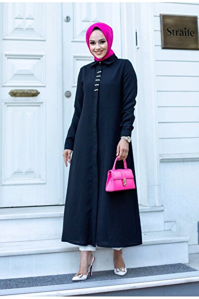 ALNİSS COLLECTİON Long Ferace Tunic with Buckle Detail on the Front and Hidden Buttons