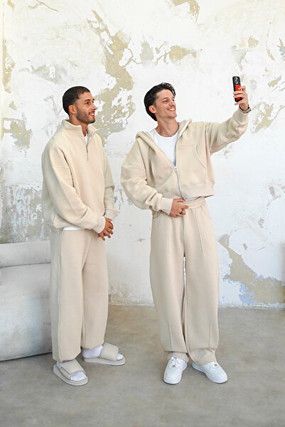 HAFKAGİYİM Κρεμ Άνετο Basic Φούτερ με πλήρες φερμουάρ Oversize