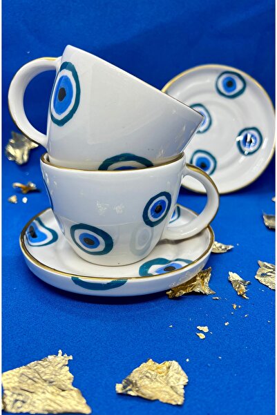 MAMALİZA El yapımı nazar boncuklu nescafe fincan seti. 2li fincan seti.