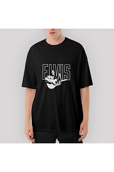 CrowsGate Tricou negru Elvis Presley Guitar supradimensionat L