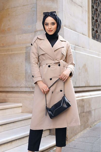ALNİSS COLLECTİON Double Breasted Collar and Waist Belted Lined Shoulder Trench Coat
