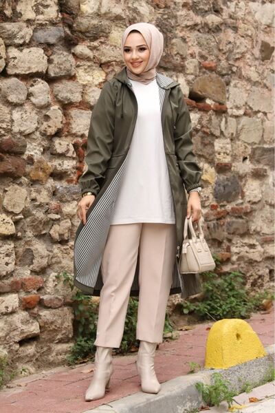 ALNİSS COLLECTİON Kapüşonlu Cepli İçi Çizgi Desenli Trençkot