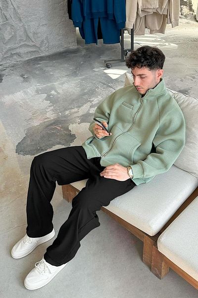 HAFKAGİYİM Ice Green Cozy Basic Φούτερ με διπλό φερμουάρ Oversize