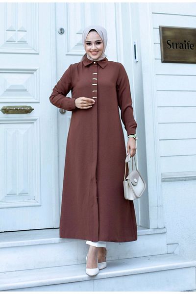 ALNİSS COLLECTİON Long Ferace Tunic with Buckle Detail on the Front and Hidden Buttons