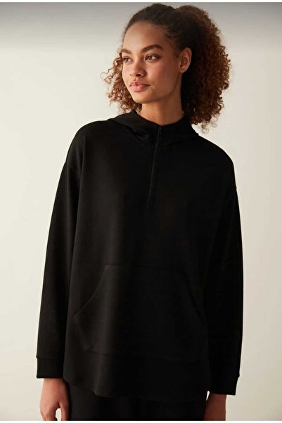 Aktif fermuarlı siyah uzun sweatshirt