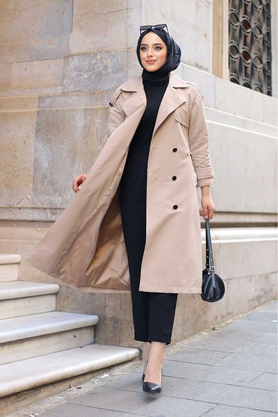 ALNİSS COLLECTİON Double Breasted Collar and Waist Belted Lined Shoulder Trench Coat