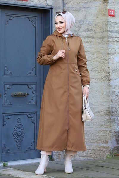 ALNİSS COLLECTİON Zipper Detailed Trench Coat Long Top Coat with Front Pocket