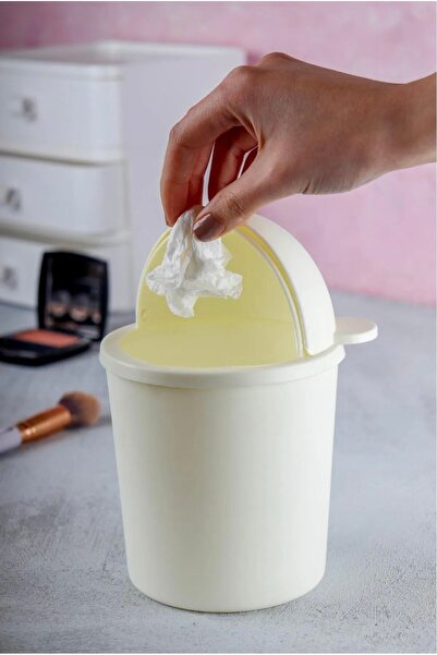 Melsem White Mini Desktop Trash Can 1 Lt for Children for Office Study Desk with Table Top Teddy Bear