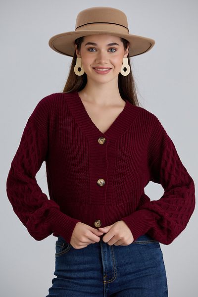 hanope Women's Balloon Sleeve Knitted Patterned Crop Knitwear Claret Red Cardigan