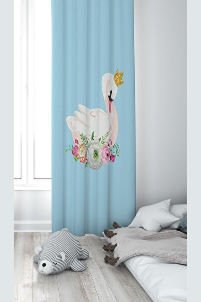 Pelangi Mavi Kuğu Desenli Dijital Baskı Yıkanabilir Bebek Çocuk Odası Fon Per...