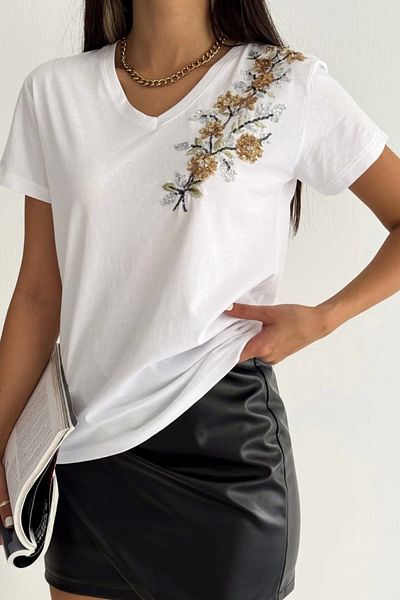 Bİ.GİYSEN Women's White V-Neck Shoulder Ivy Sequin Embroidered 100% Cotton Combed Cotton Blouse