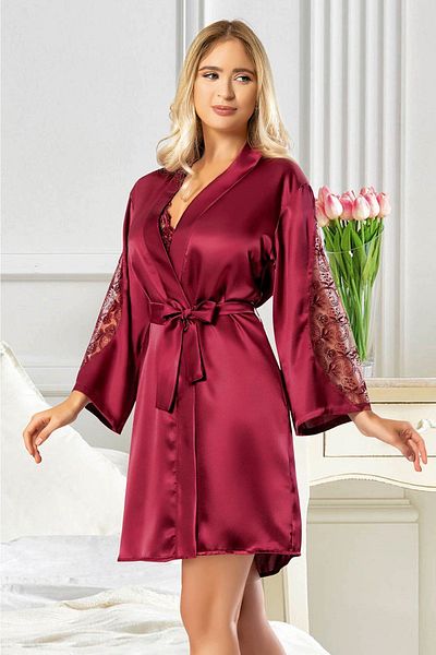 ROZELT Set cămașă de noapte și rochie din dantelă din satin burgundy - Model 2039