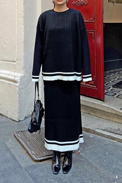 Swist Fekete Kaia Stripe részletes kerékpáros nyakú pulóver-szoknya női kötöttáru alsó-felső készlet