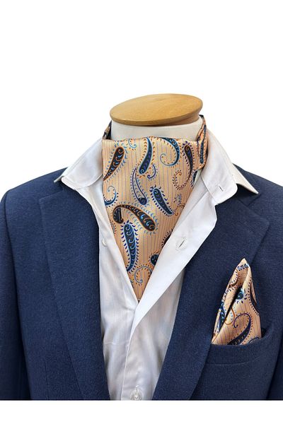 TMFASHİON Men's Striped Shawl Pattern Self Tied Neck Monşer Ascot Scarf Pocket Handkerchief Set