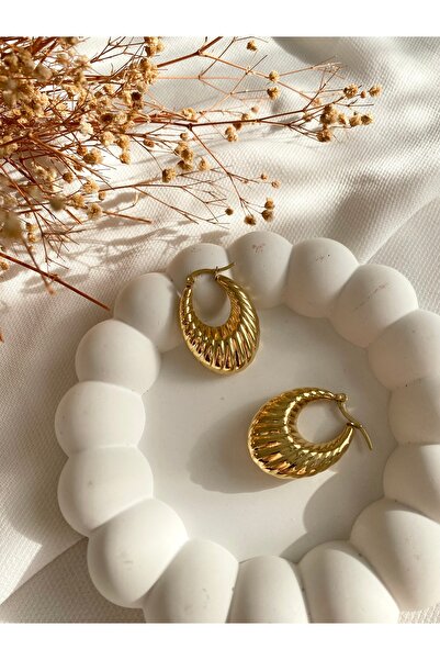 saren aksesuar Kadın vintage oval tırtıklı halka küpe çelik küpe gold