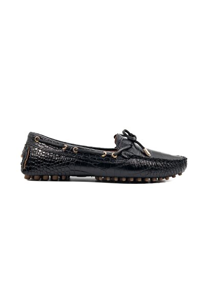 tezcan Patara Women's Black Crocodile Patterned Genuine Leather Loafer Shoes