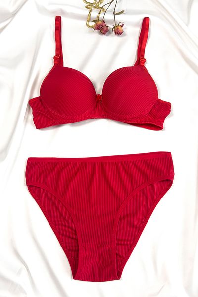 LikeSwan Underwire Supported Red Striped Bra Set