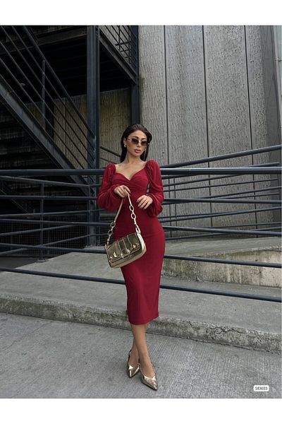 WOST Women's Burgundy Sandy Fabric Heart Collar Slit Detailed Midi Dress Wedding Engagement Graduation Dress