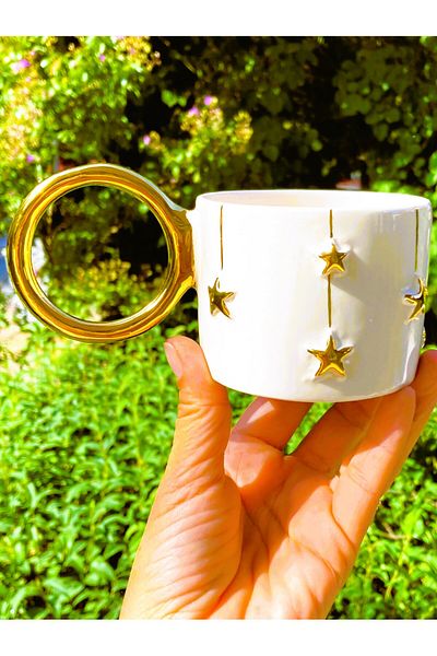 Monako Limited Edition 24 Carat Gold Embroidered, Star Embossed, Handmade Mug 200 ml