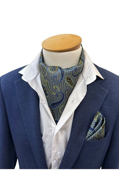 TMFASHİON Men's Striped Shawl Pattern Self Tied Neck Monşer Ascot Scarf Pocket Handkerchief Set