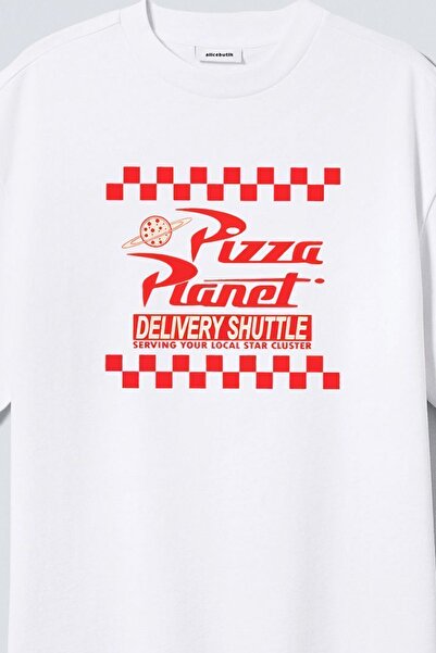 Alice Butik Tricou alb oversize din bumbac unisex cu imprimeu Toy Story Pizza...