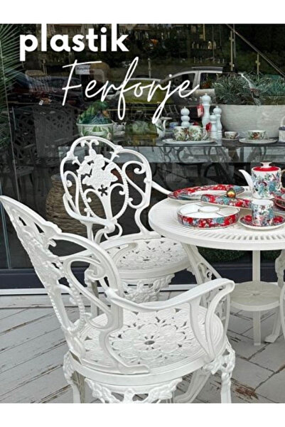 IVF Isparta Model Ferforje Görünümlü 60 Cm Çap Plastik Masa Ve Sandalye Balko...