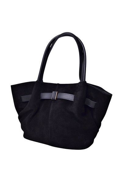 İskarpin Real Suede Black Leather Women's Long Strap Magnet Closure Hand and Shoulder Bag