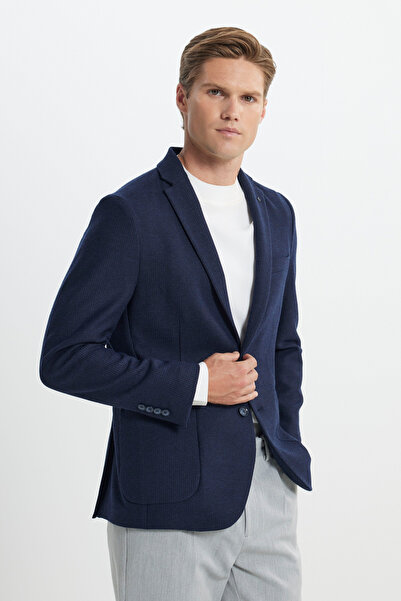 ALTINYILDIZ CLASSICS Erkek Lacivert Yünlü Slim Fit Dar Kesim Mono Yaka Armürlü Torba Cepli Ceket