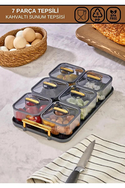 Genel Markalar Antrasit Gold Tutacaklı 7 Parça Kahvaltı Sunum Tepsisi