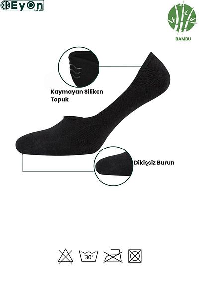 EYON SOCKS Дамски чорапи балерина от черен бамбук - безшевни и неплъзгащи се силиконови пети, 12 броя