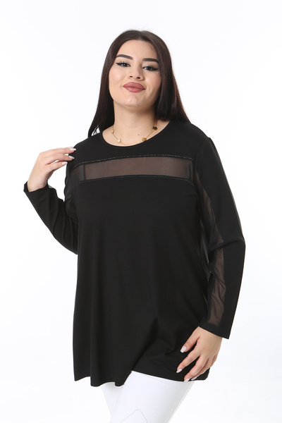 Şans Women's Plus Size Black Jewelled and Tulle Detailed Long Sleeve Blouse 65N38362