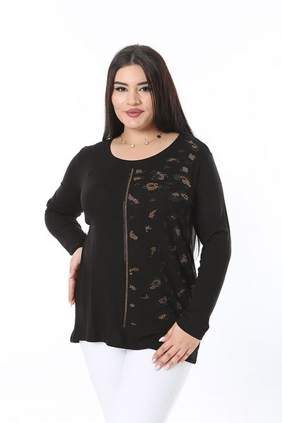 Şans Women's Plus Size Black Stone Detailed Crew Neck Long Sleeve Blouse 65N38364