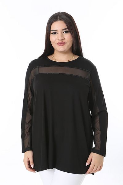 Şans Women's Plus Size Black Jewelled and Tulle Detailed Long Sleeve Blouse 65N38362