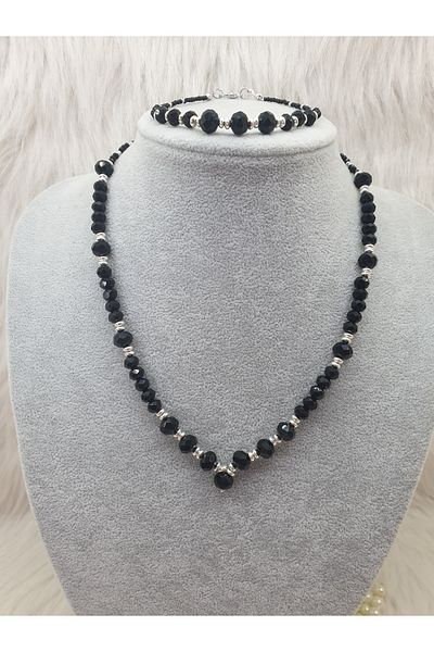 HAPPY HANDMADE 45cm Necklace and 20cm Bracelet - Silver Black Crystal Evening Dress Set Set of 2 Gift