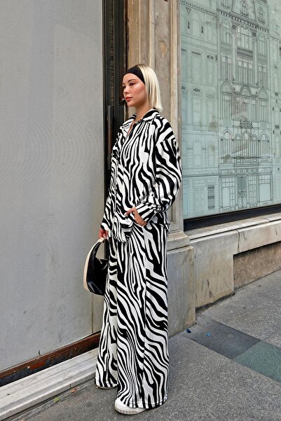 Swist Black Friz Zebra Patterned Shirt-Pants Relaxed Women's Top and Bottom Set