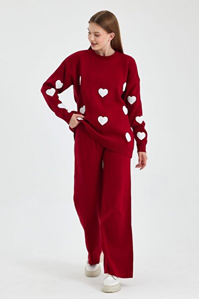 Hazinedan Women's Red Heart Sweater Pants Knitwear Bottom Top Suit Fit for Hijab