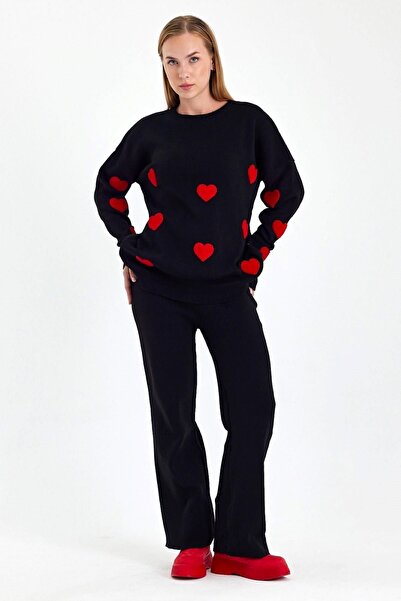 Hazinedan Pulover cu inimă neagră pentru femei, pantaloni, tricotaje, set de ...