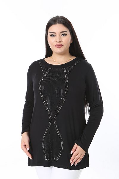 Şans Women's Plus Size Black Stone Detailed Crew Neck Long Sleeve Blouse 65N38365