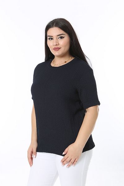 Şans Women's Large Size Navy Blue Waffle Fabric Short Sleeve Blouse 65N38367