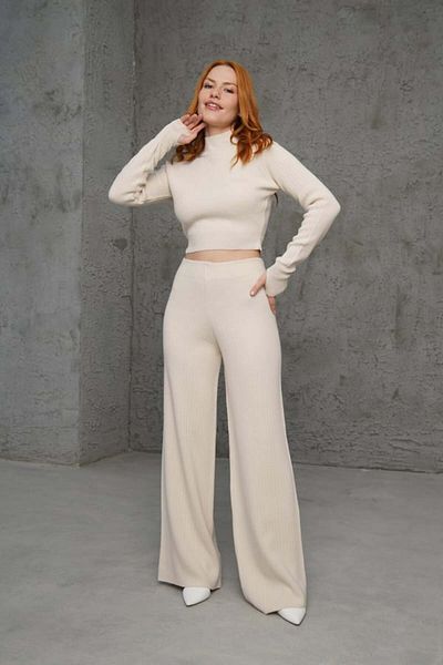 SUN STYLE Knitwear Ribbed Crop and High Waist Trousers Double Set