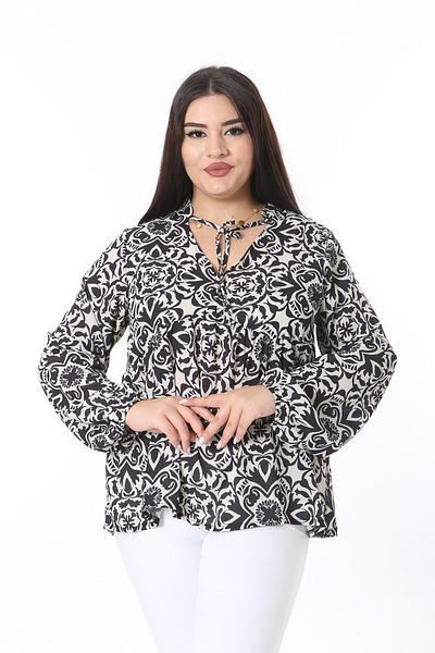 Şans Women's Large Size Black Collar and Waist Detailed Crepe Blouse 65N38361