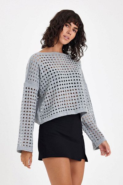 Store Mesh Spanish Sleeve Crop Knit Perforated Knitwear Sweater Standard Size
