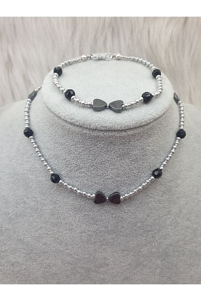 HAPPY HANDMADE Hematite Natural Rhinestone 33cm Necklace and 20cm Bracelet 2-Piece Jewelry Set - Evening Dress and Choker Necklace
