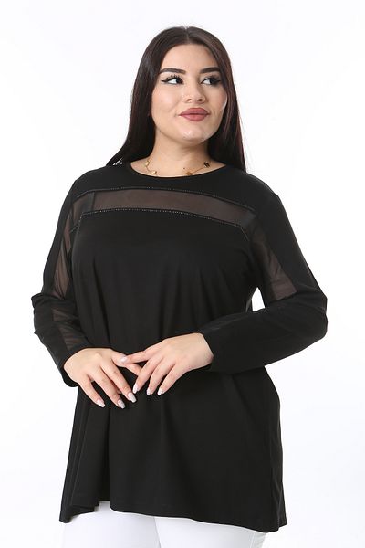 Şans Women's Plus Size Black Jewelled and Tulle Detailed Long Sleeve Blouse 65N38362