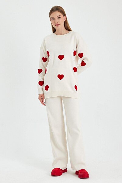 Hazinedan Γυναικείο Πλεκτό Παντελόνι Πουλόβερ Λευκή Καρδιά Τοπ Σετ Κατάλληλο για Μουσουλμανικό