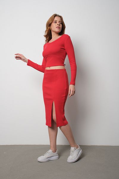 egs fashion Slit Detailed Skirt and Shirt Set