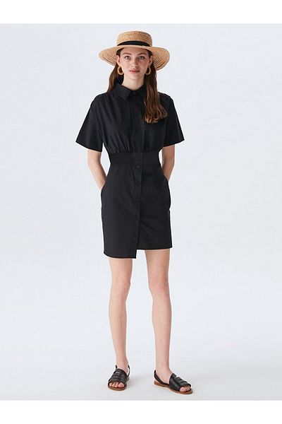 Ltb Black Shirt Collar Dress with Elastic Waist