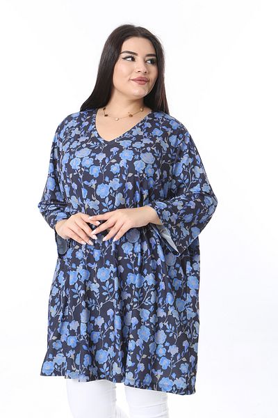 Şans Women's Large Size Navy Blue V-Neck Capri Sleeve Tunic 65N38358
